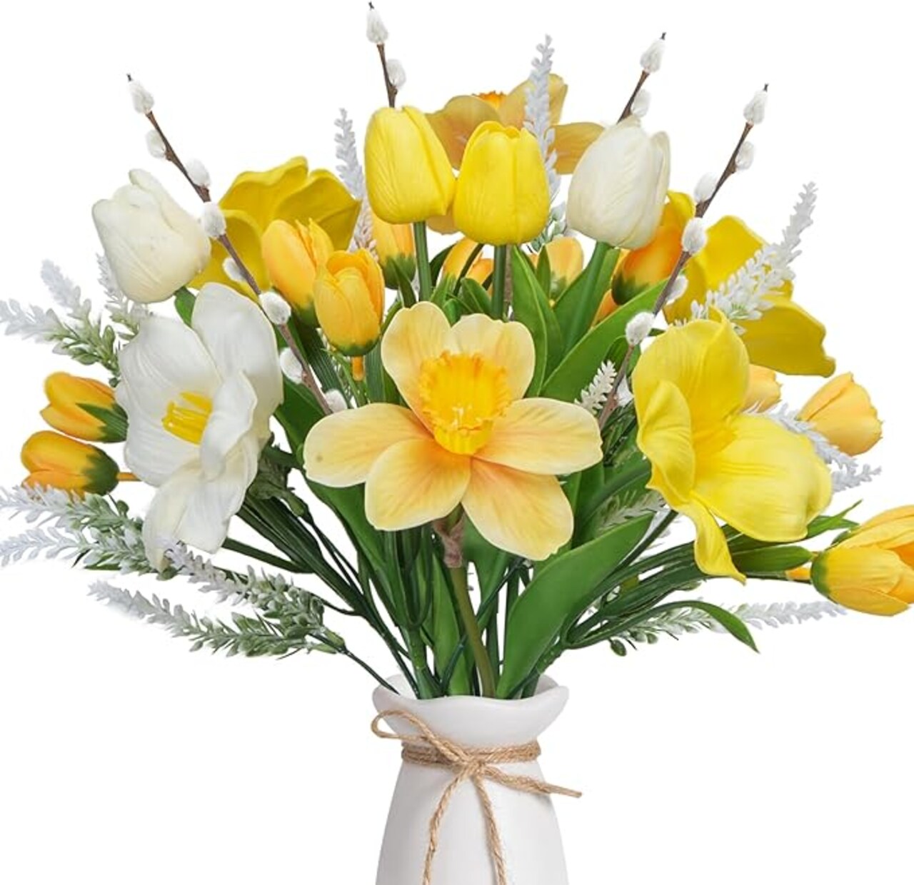 Artificial Easter Flower Fake Daffodils Flowers Yellow Tuilp with Pussy Willow Silk Spring Flowers 18IN Floral Arrangament for Indoor Kitchen Home Table Centerpieces Wedding Cemetry Decor